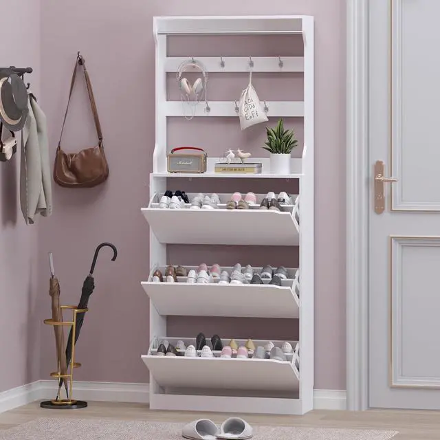 Alt view image 7 of 7 - Shoe Cabinet with 3 Flip Drawers & Coat Rack, Narrow Hidden Shoe Storage Cabinet, 2-in-1 Hall Tree Slim Freestanding Shoe Rack Organizer for Entryway, Hallway, and Living Room