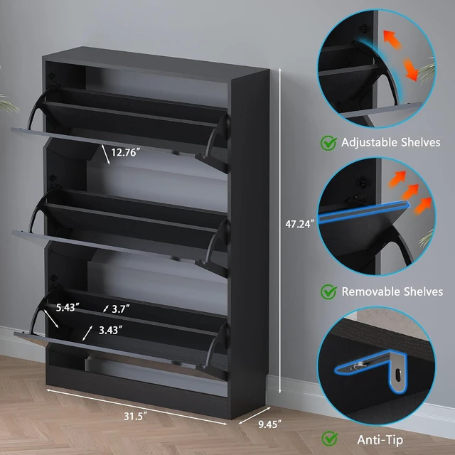 Alt view image 2 of 7 - Shoe Cabinet with 3-Flip Mirror Drawers, Freestanding Shoe Rack Organizer with Hidden Handle, Slim Narrow Shoe Storage Cabinet for Entryway, Entrance, Hallway, Bedroom