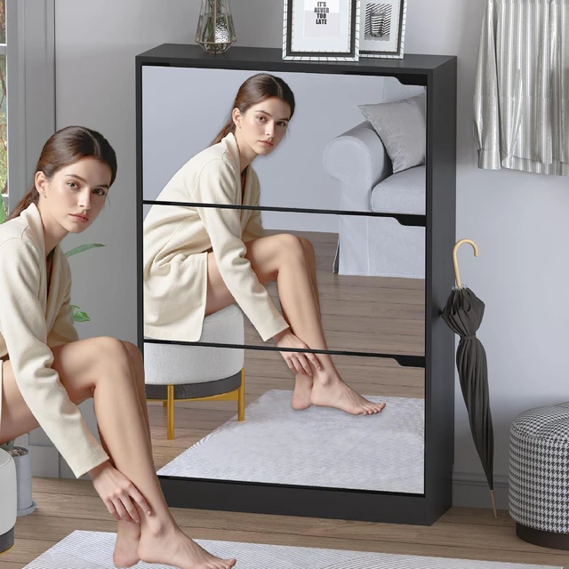 Alt view image 3 of 7 - Shoe Cabinet with 3-Flip Mirror Drawers, Freestanding Shoe Rack Organizer with Hidden Handle, Slim Narrow Shoe Storage Cabinet for Entryway, Entrance, Hallway, Bedroom