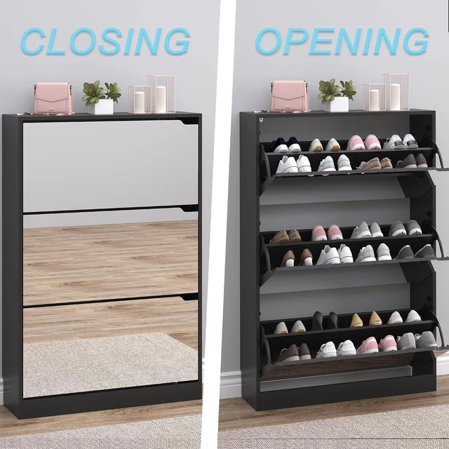 Alt view image 5 of 7 - Shoe Cabinet with 3-Flip Mirror Drawers, Freestanding Shoe Rack Organizer with Hidden Handle, Slim Narrow Shoe Storage Cabinet for Entryway, Entrance, Hallway, Bedroom