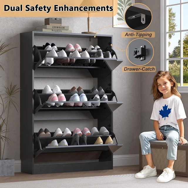 Alt view image 6 of 7 - Shoe Cabinet with 3-Flip Mirror Drawers, Freestanding Shoe Rack Organizer with Hidden Handle, Slim Narrow Shoe Storage Cabinet for Entryway, Entrance, Hallway, Bedroom