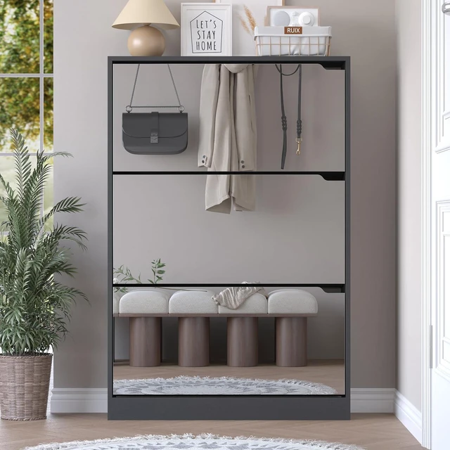 Alt view image 7 of 7 - Shoe Cabinet with 3-Flip Mirror Drawers, Freestanding Shoe Rack Organizer with Hidden Handle, Slim Narrow Shoe Storage Cabinet for Entryway, Entrance, Hallway, Bedroom