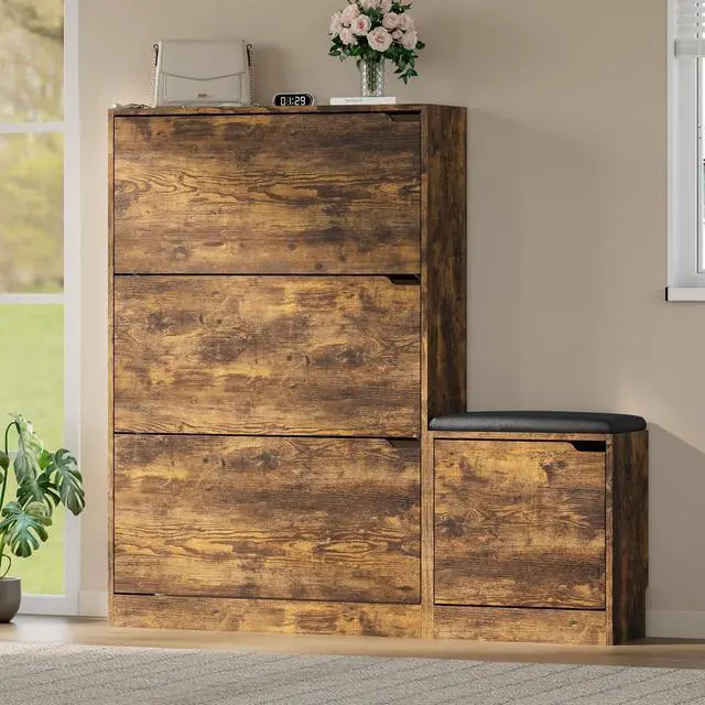 Alt view image 3 of 7 - Shoe Cabinet with Bench and 3 Flip Drawers, Slim Narrow Shoe Storage Cabinet, Freestanding Shoe Rack Organizer with Adjustable & Removable Shelves, Anti-Tip for Entryway, Hallway, Foyer