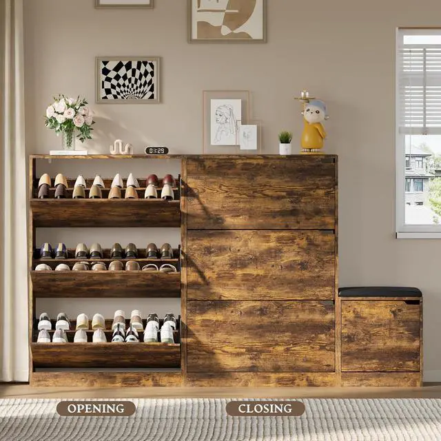 Alt view image 5 of 7 - Shoe Cabinet with Bench and 3 Flip Drawers, Slim Narrow Shoe Storage Cabinet, Freestanding Shoe Rack Organizer with Adjustable & Removable Shelves, Anti-Tip for Entryway, Hallway, Foyer