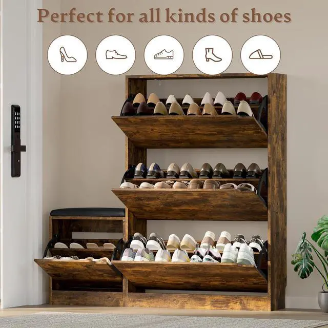 Alt view image 4 of 7 - Shoe Cabinet with Bench and 3 Flip Drawers, Slim Narrow Shoe Storage Cabinet, Freestanding Shoe Rack Organizer with Adjustable & Removable Shelves, Anti-Tip for Entryway, Hallway, Foyer