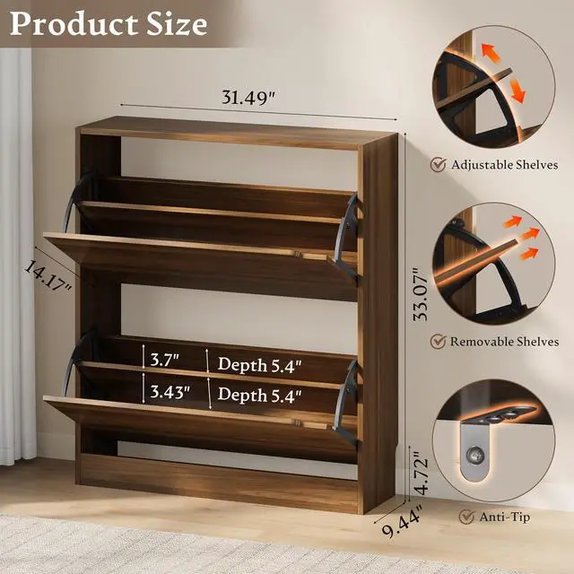 Alt view image 2 of 7 - Shoe Cabinet with 2 Flip Drawers, Slim Narrow Shoe Storage Cabinet, Freestanding Shoe Organizer with Adjustable & Removable Shelves, Top Display Shelf for Entryway, Hallway, Foyer, Closet