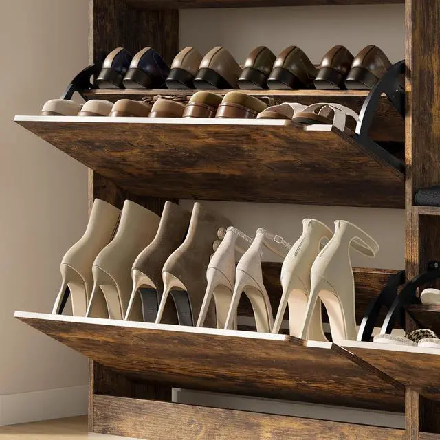 Alt view image 6 of 7 - Shoe Cabinet with Bench and 3 Flip Drawers, Slim Narrow Shoe Storage Cabinet, Freestanding Shoe Rack Organizer with Adjustable & Removable Shelves, Anti-Tip for Entryway, Hallway, Foyer