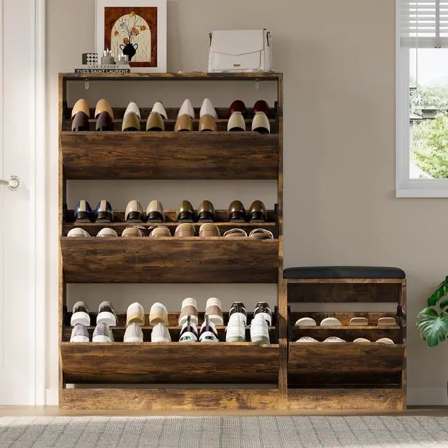 Alt view image 7 of 7 - Shoe Cabinet with Bench and 3 Flip Drawers, Slim Narrow Shoe Storage Cabinet, Freestanding Shoe Rack Organizer with Adjustable & Removable Shelves, Anti-Tip for Entryway, Hallway, Foyer