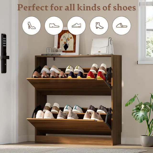 Alt view image 4 of 7 - Shoe Cabinet with 2 Flip Drawers, Slim Narrow Shoe Storage Cabinet, Freestanding Shoe Organizer with Adjustable & Removable Shelves, Top Display Shelf for Entryway, Hallway, Foyer, Closet