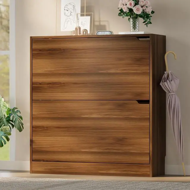 Alt view image 3 of 7 - Shoe Cabinet with 2 Flip Drawers, Slim Narrow Shoe Storage Cabinet, Freestanding Shoe Organizer with Adjustable & Removable Shelves, Top Display Shelf for Entryway, Hallway, Foyer, Closet