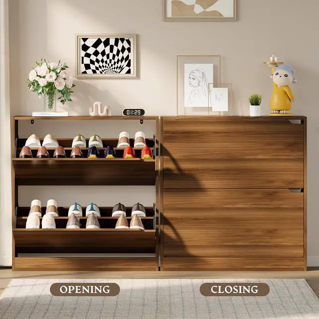 Alt view image 5 of 7 - Shoe Cabinet with 2 Flip Drawers, Slim Narrow Shoe Storage Cabinet, Freestanding Shoe Organizer with Adjustable & Removable Shelves, Top Display Shelf for Entryway, Hallway, Foyer, Closet