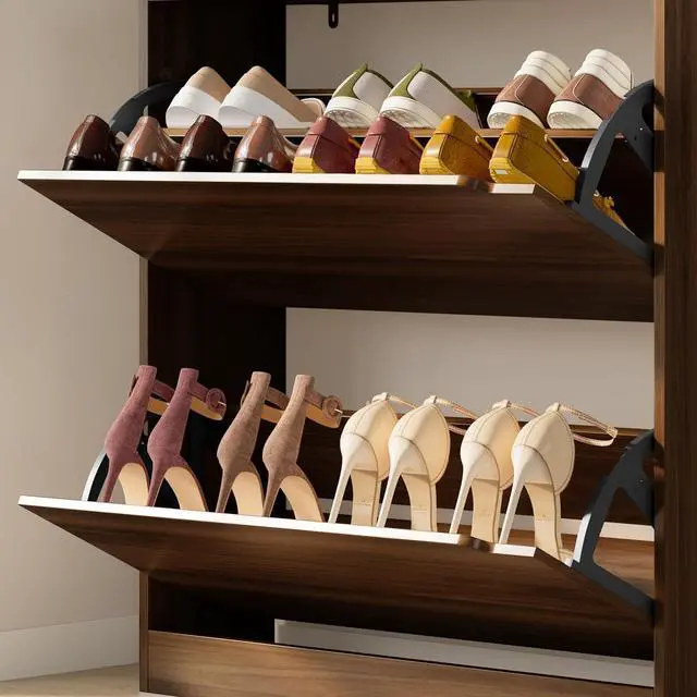 Alt view image 6 of 7 - Shoe Cabinet with 2 Flip Drawers, Slim Narrow Shoe Storage Cabinet, Freestanding Shoe Organizer with Adjustable & Removable Shelves, Top Display Shelf for Entryway, Hallway, Foyer, Closet