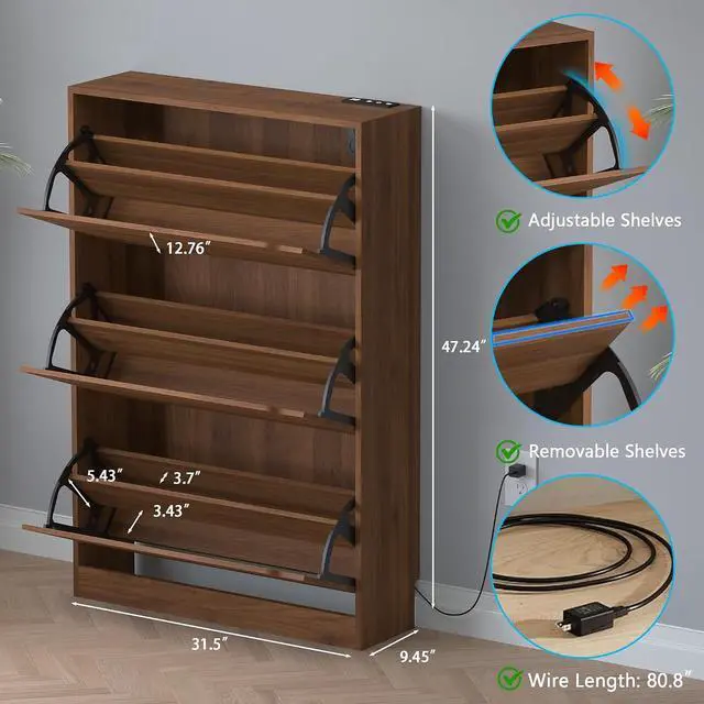 Alt view image 2 of 7 - Shoe Cabinet with Odor Control and Back Panels, Deodorizing Slim 3-Flip Shoe Storage Cabinet for Entryway, Freestanding Hidden Shoe Rack Organizer for Entrance, Hallway, Bedroom