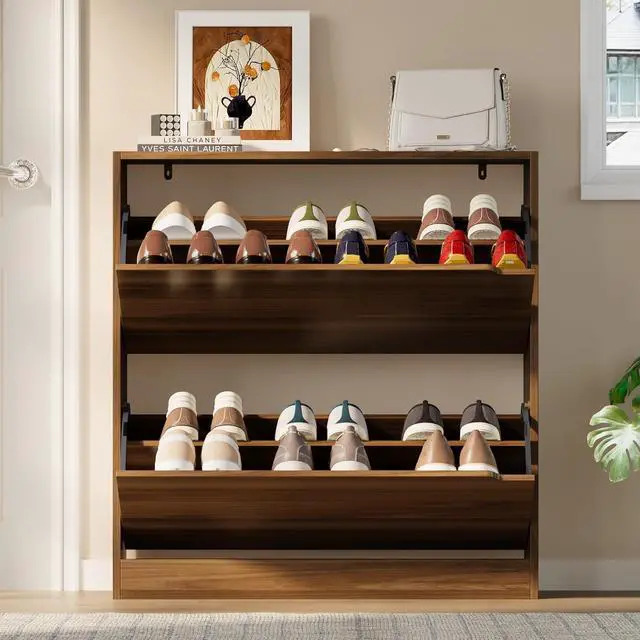Alt view image 7 of 7 - Shoe Cabinet with 2 Flip Drawers, Slim Narrow Shoe Storage Cabinet, Freestanding Shoe Organizer with Adjustable & Removable Shelves, Top Display Shelf for Entryway, Hallway, Foyer, Closet