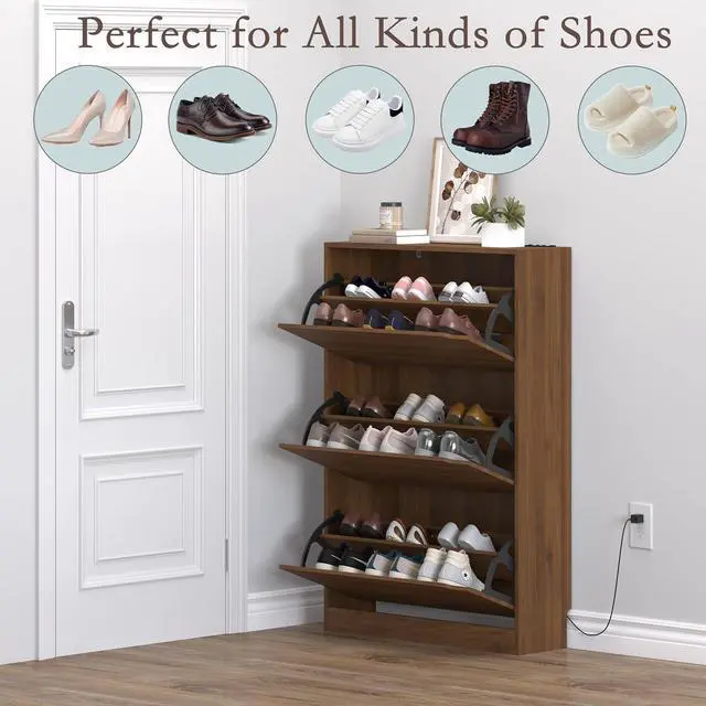 Alt view image 4 of 7 - Shoe Cabinet with Odor Control and Back Panels, Deodorizing Slim 3-Flip Shoe Storage Cabinet for Entryway, Freestanding Hidden Shoe Rack Organizer for Entrance, Hallway, Bedroom