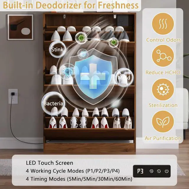 Alt view image 3 of 7 - Shoe Cabinet with Odor Control and Back Panels, Deodorizing Slim 3-Flip Shoe Storage Cabinet for Entryway, Freestanding Hidden Shoe Rack Organizer for Entrance, Hallway, Bedroom