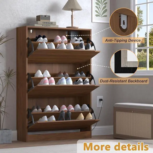 Alt view image 6 of 7 - Shoe Cabinet with Odor Control and Back Panels, Deodorizing Slim 3-Flip Shoe Storage Cabinet for Entryway, Freestanding Hidden Shoe Rack Organizer for Entrance, Hallway, Bedroom