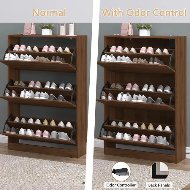 Alt view image 5 of 7 - Shoe Cabinet with Odor Control and Back Panels, Deodorizing Slim 3-Flip Shoe Storage Cabinet for Entryway, Freestanding Hidden Shoe Rack Organizer for Entrance, Hallway, Bedroom