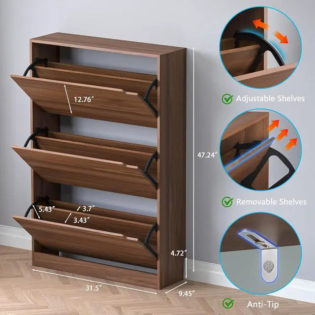 Alt view image 2 of 7 - Shoe Cabinet with 3 Flip Drawers, Slim Narrow Shoe Storage Cabinet, Freestanding Shoe Organizer with Adjustable & Removable Shelves, Top Display Shelf for Entryway, Hallway, Foyer, Closet