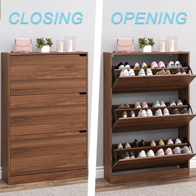 Alt view image 5 of 7 - Shoe Cabinet with 3 Flip Drawers, Slim Narrow Shoe Storage Cabinet, Freestanding Shoe Organizer with Adjustable & Removable Shelves, Top Display Shelf for Entryway, Hallway, Foyer, Closet