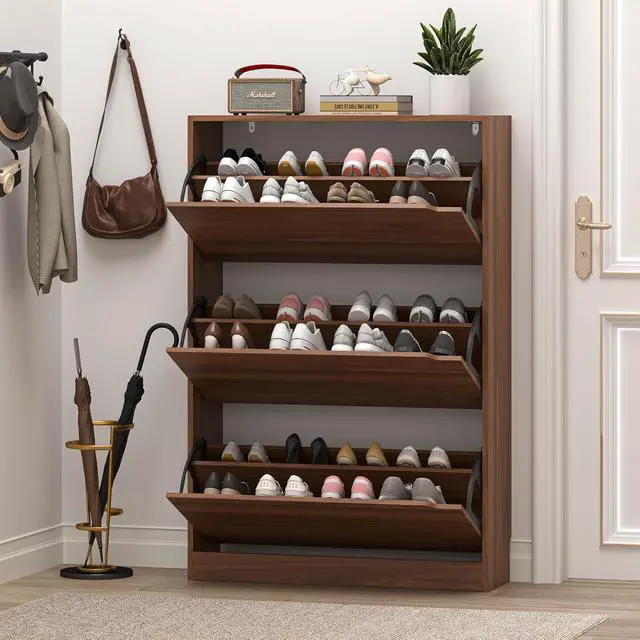 Alt view image 7 of 7 - Shoe Cabinet with 3 Flip Drawers, Slim Narrow Shoe Storage Cabinet, Freestanding Shoe Organizer with Adjustable & Removable Shelves, Top Display Shelf for Entryway, Hallway, Foyer, Closet