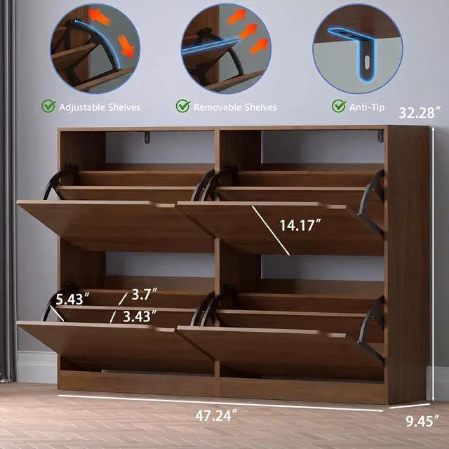 Alt view image 2 of 7 - Shoe Cabinet with 4 Flip Drawers, Narrow Hidden Shoe Storage Cabinet, Slim Freestanding Shoe Rack Organizer for Entryway, Hallway, Bedroom, Living Room