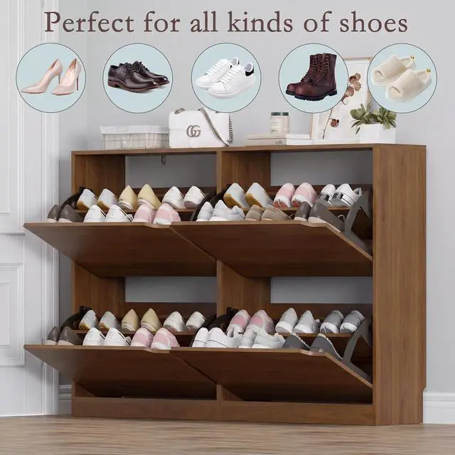 Alt view image 4 of 7 - Shoe Cabinet with 4 Flip Drawers, Narrow Hidden Shoe Storage Cabinet, Slim Freestanding Shoe Rack Organizer for Entryway, Hallway, Bedroom, Living Room