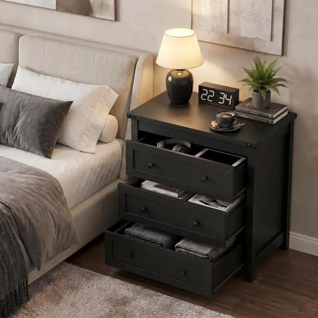 Alt view image 4 of 7 - 3-Drawer Night Stand Set of 2, Modern Bedside Table Dresser with Metal Handles, Sturdy Wooden End Side Table Storage Cabinet with Anti-Tipping Design for Bedroom