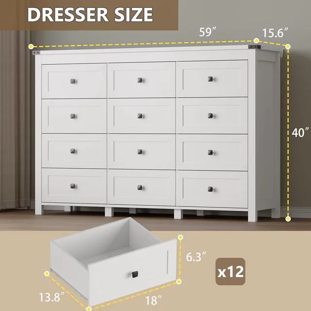 Alt view image 2 of 7 - 12-Drawer Dresser, Modern Wooden Storage Chest of Drawers, Dresser TV Stand, Wood Drawer Organizer with Metal Handles for Bedroom, Living Room, Hallway
