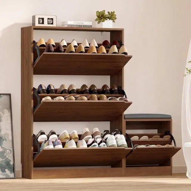 Main image of Shoe Cabinet with Bench and 3 Flip Drawers, Slim Narrow Shoe Storage Cabinet, Freestanding Shoe Rack Organizer with Adjustable & Removable Shelves, Anti-Tip for Entryway, Hallway, Foyer