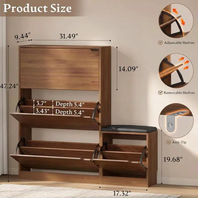 Alt view image 2 of 7 - Shoe Cabinet with Bench and 3 Flip Drawers, Slim Narrow Shoe Storage Cabinet, Freestanding Shoe Rack Organizer with Adjustable & Removable Shelves, Anti-Tip for Entryway, Hallway, Foyer