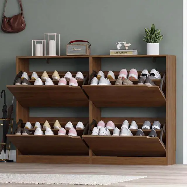 Alt view image 7 of 7 - Shoe Cabinet with 4 Flip Drawers, Narrow Hidden Shoe Storage Cabinet, Slim Freestanding Shoe Rack Organizer for Entryway, Hallway, Bedroom, Living Room