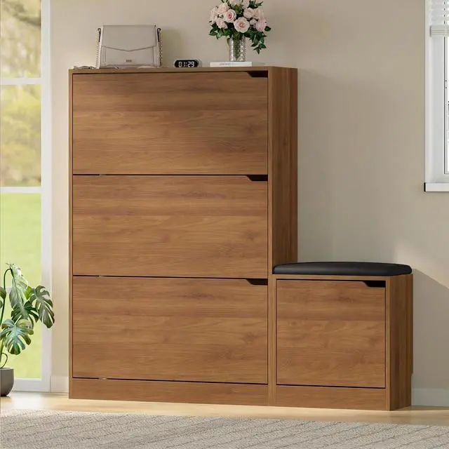 Alt view image 3 of 7 - Shoe Cabinet with Bench and 3 Flip Drawers, Slim Narrow Shoe Storage Cabinet, Freestanding Shoe Rack Organizer with Adjustable & Removable Shelves, Anti-Tip for Entryway, Hallway, Foyer