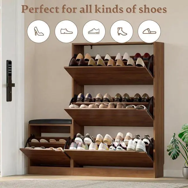 Alt view image 4 of 7 - Shoe Cabinet with Bench and 3 Flip Drawers, Slim Narrow Shoe Storage Cabinet, Freestanding Shoe Rack Organizer with Adjustable & Removable Shelves, Anti-Tip for Entryway, Hallway, Foyer
