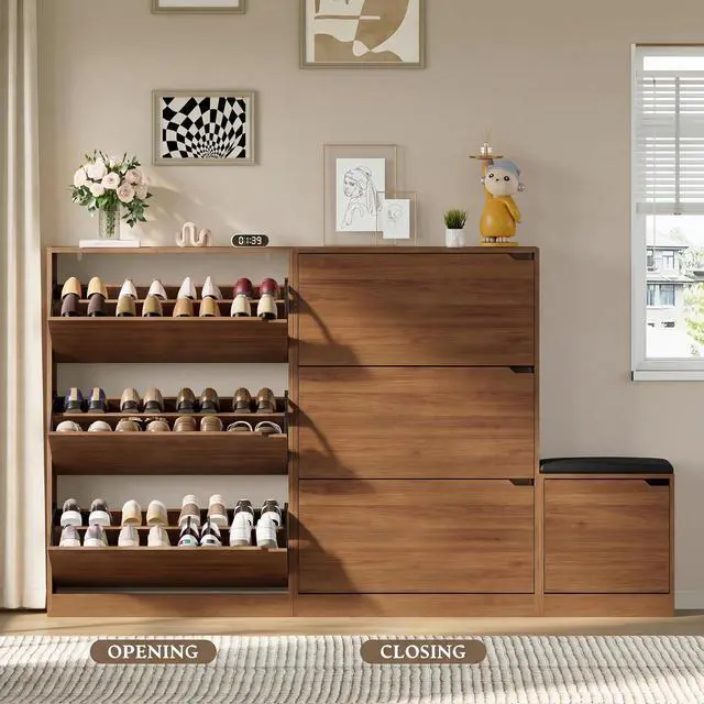 Alt view image 5 of 7 - Shoe Cabinet with Bench and 3 Flip Drawers, Slim Narrow Shoe Storage Cabinet, Freestanding Shoe Rack Organizer with Adjustable & Removable Shelves, Anti-Tip for Entryway, Hallway, Foyer