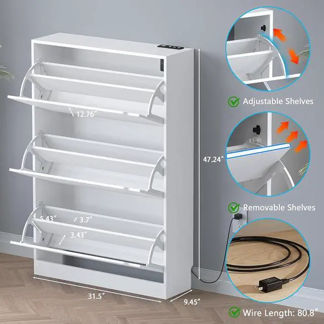 Alt view image 2 of 7 - Shoe Cabinet with Odor Control and Back Panels, Deodorizing Slim 3-Flip Shoe Storage Cabinet for Entryway, Freestanding Hidden Shoe Rack Organizer for Entrance, Hallway, Bedroom