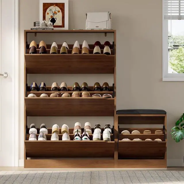 Alt view image 6 of 7 - Shoe Cabinet with Bench and 3 Flip Drawers, Slim Narrow Shoe Storage Cabinet, Freestanding Shoe Rack Organizer with Adjustable & Removable Shelves, Anti-Tip for Entryway, Hallway, Foyer