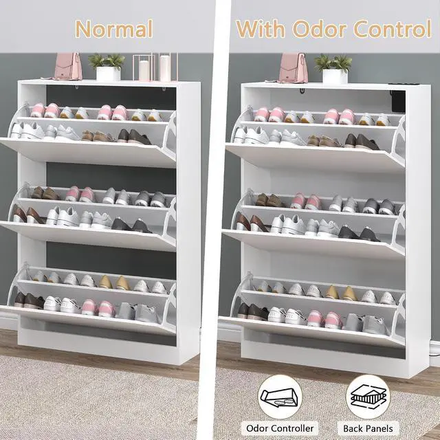 Alt view image 5 of 7 - Shoe Cabinet with Odor Control and Back Panels, Deodorizing Slim 3-Flip Shoe Storage Cabinet for Entryway, Freestanding Hidden Shoe Rack Organizer for Entrance, Hallway, Bedroom