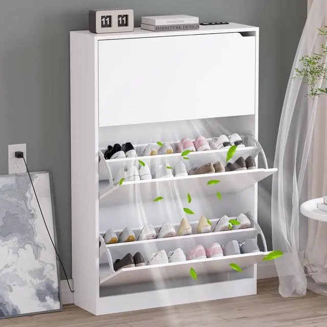 Main image of Shoe Cabinet with Odor Control and Back Panels, Deodorizing Slim 3-Flip Shoe Storage Cabinet for Entryway, Freestanding Hidden Shoe Rack Organizer for Entrance, Hallway, Bedroom