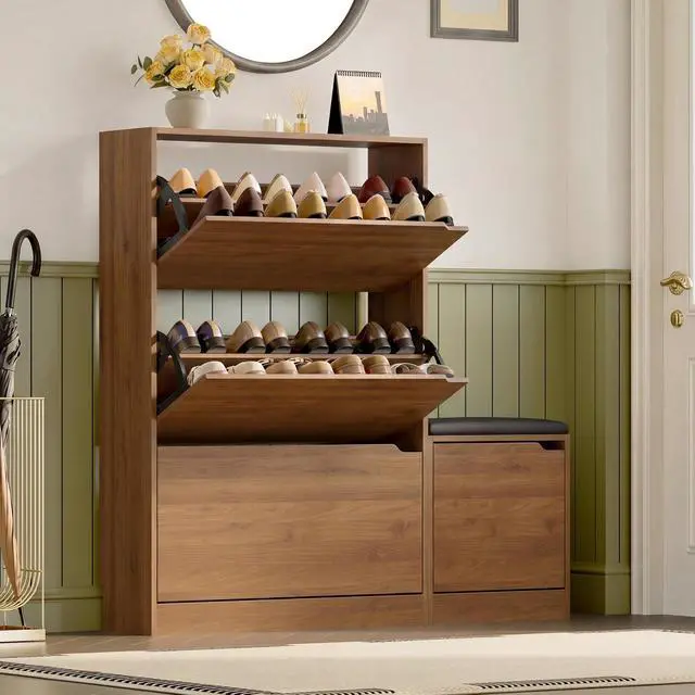 Alt view image 7 of 7 - Shoe Cabinet with Bench and 3 Flip Drawers, Slim Narrow Shoe Storage Cabinet, Freestanding Shoe Rack Organizer with Adjustable & Removable Shelves, Anti-Tip for Entryway, Hallway, Foyer