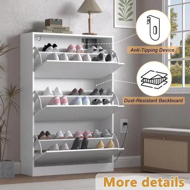 Alt view image 6 of 7 - Shoe Cabinet with Odor Control and Back Panels, Deodorizing Slim 3-Flip Shoe Storage Cabinet for Entryway, Freestanding Hidden Shoe Rack Organizer for Entrance, Hallway, Bedroom