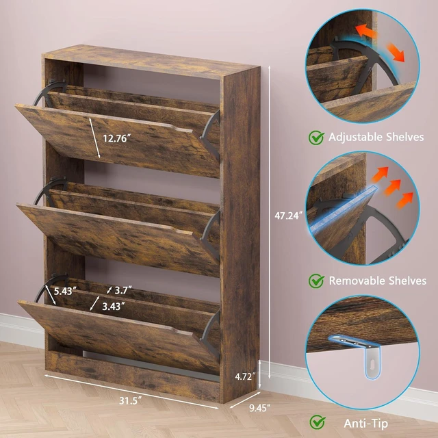 Alt view image 2 of 7 - Shoe Cabinet with 3 Flip Drawers, Hidden Wood Shoe Cabinet,Freestanding Shoe Storage Cabinet for Entryway Hallway