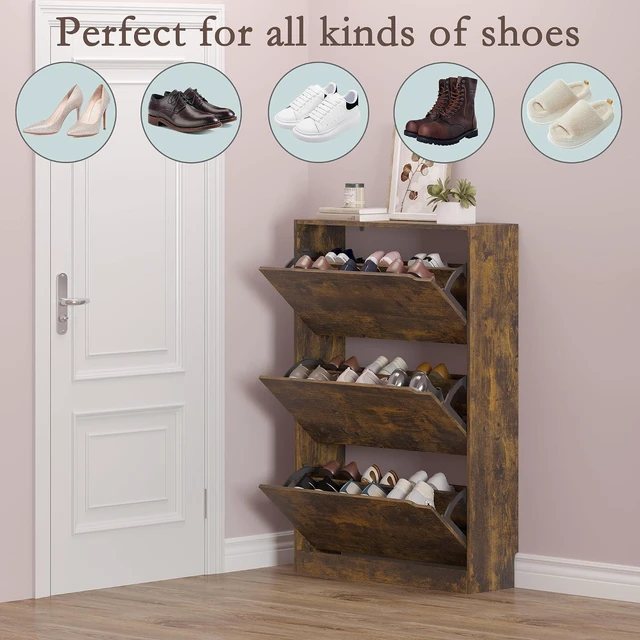 Alt view image 4 of 7 - Shoe Cabinet with 3 Flip Drawers, Hidden Wood Shoe Cabinet,Freestanding Shoe Storage Cabinet for Entryway Hallway