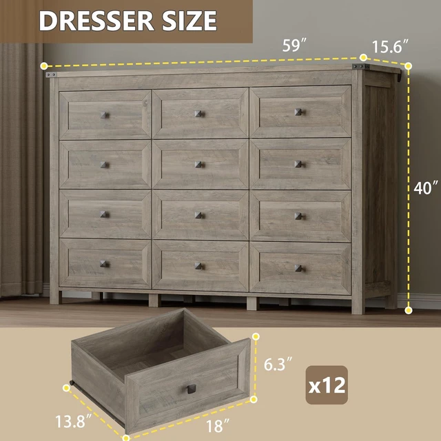 Alt view image 2 of 7 - 12-Drawer Dresser, Modern Wooden Storage Chest of Drawers, Dresser TV Stand, Wood Drawer Organizer with Metal Handles for Bedroom, Living Room, Hallway