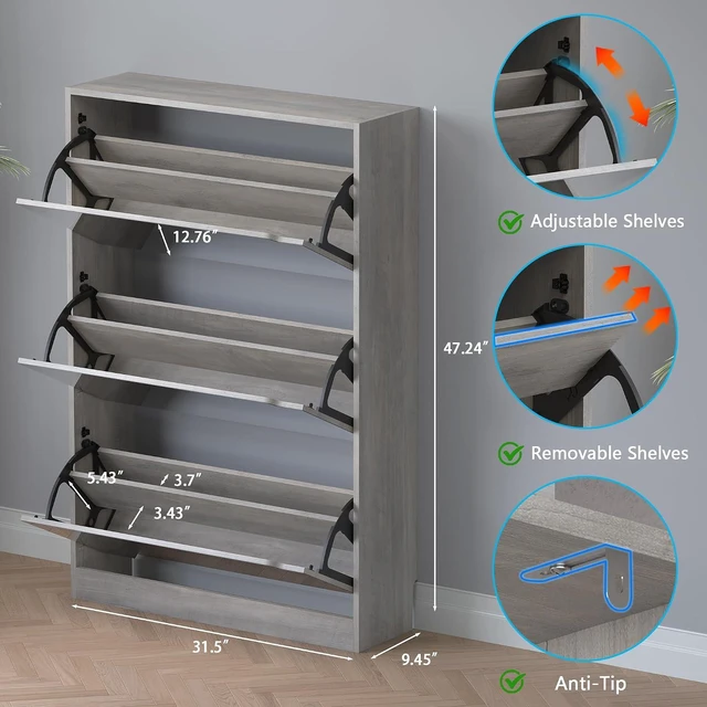 Alt view image 2 of 7 - Shoe Cabinet with 3-Flip Mirror Drawers, Freestanding Shoe Rack Organizer with Hidden Handle, Slim Narrow Shoe Storage Cabinet for Entryway, Entrance, Hallway, Bedroom