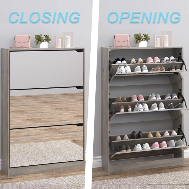 Alt view image 5 of 7 - Shoe Cabinet with 3-Flip Mirror Drawers, Freestanding Shoe Rack Organizer with Hidden Handle, Slim Narrow Shoe Storage Cabinet for Entryway, Entrance, Hallway, Bedroom