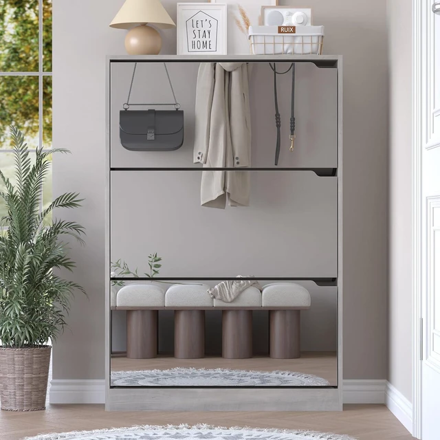Alt view image 7 of 7 - Shoe Cabinet with 3-Flip Mirror Drawers, Freestanding Shoe Rack Organizer with Hidden Handle, Slim Narrow Shoe Storage Cabinet for Entryway, Entrance, Hallway, Bedroom