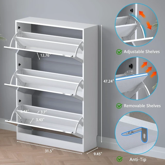 Alt view image 2 of 7 - Shoe Cabinet with 3-Flip Mirror Drawers, Freestanding Shoe Rack Organizer with Hidden Handle, Slim Narrow Shoe Storage Cabinet for Entryway, Entrance, Hallway, Bedroom