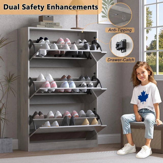 Alt view image 6 of 7 - Shoe Cabinet with 3-Flip Mirror Drawers, Freestanding Shoe Rack Organizer with Hidden Handle, Slim Narrow Shoe Storage Cabinet for Entryway, Entrance, Hallway, Bedroom