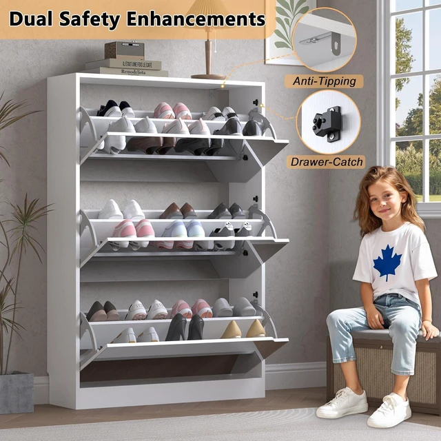 Alt view image 6 of 7 - Shoe Cabinet with 3-Flip Mirror Drawers, Freestanding Shoe Rack Organizer with Hidden Handle, Slim Narrow Shoe Storage Cabinet for Entryway, Entrance, Hallway, Bedroom
